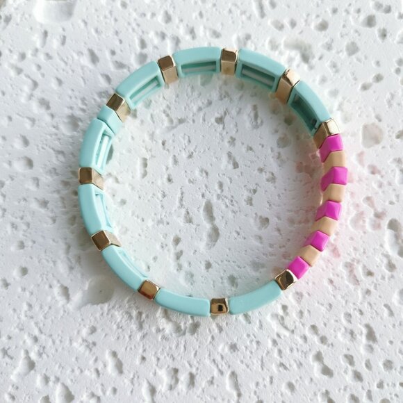 ✨Roxanne Assoulin✨ Rainbow Brite Gold Stretch Bracelet Light Blue Pink Orange - Picture 2 of 3